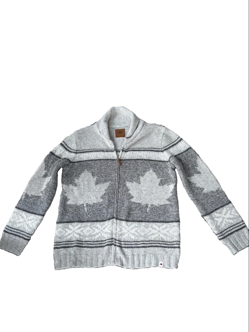 Canadiana Women’s Unisex Grey Shawl Collar Zip Sweater Maple Motif XXL